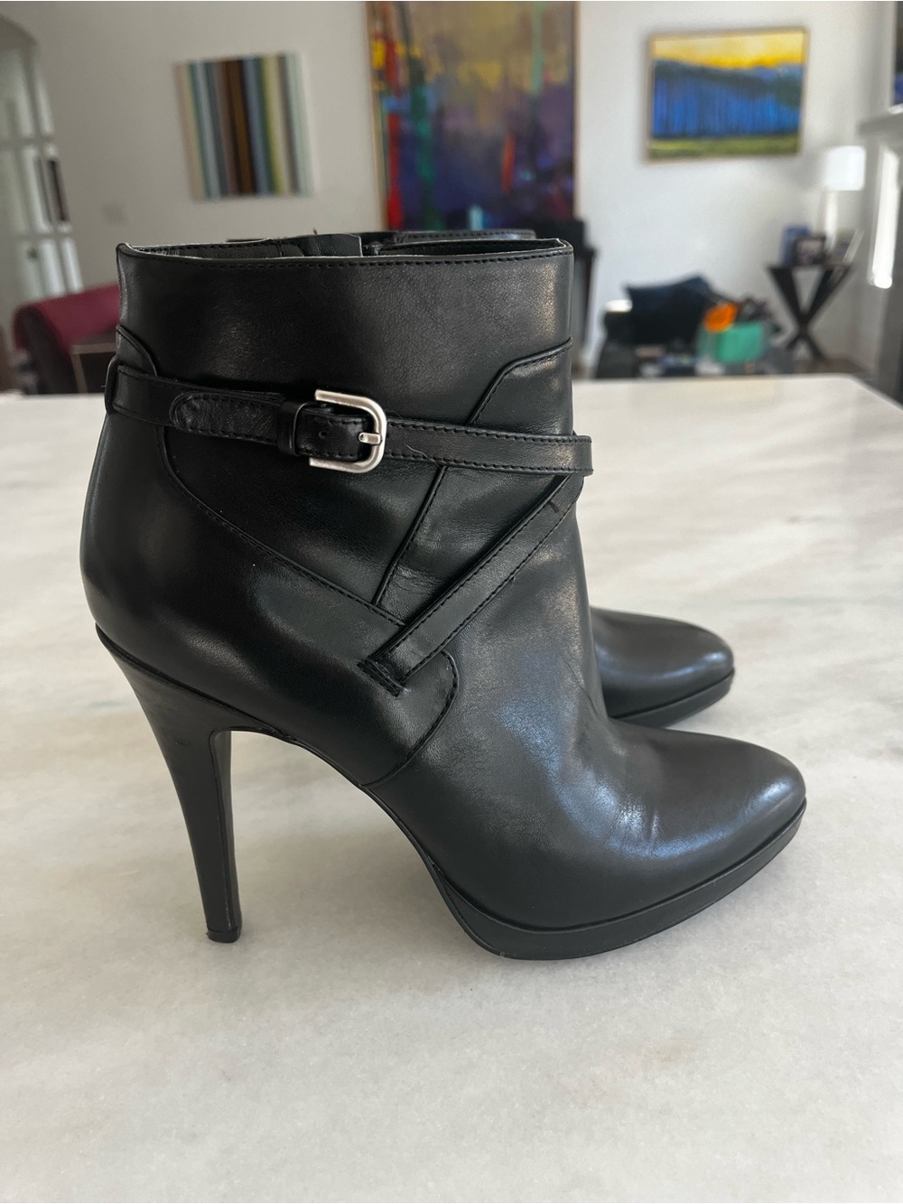 Nine West CeeCee Black Leather Platform Ankle Booties Strap Buckle Size 7